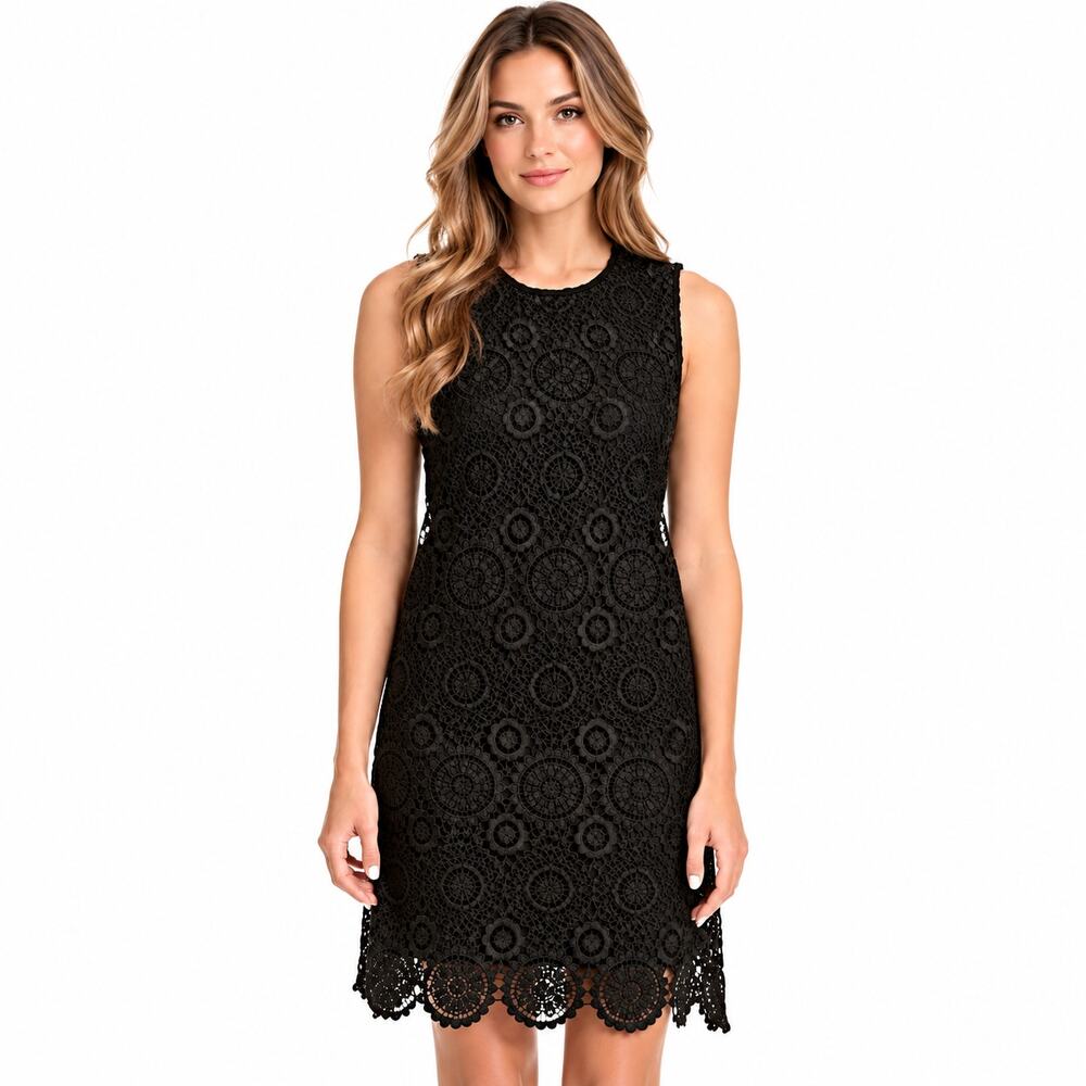 Tommy Hilfiger Lace Shift Dress Womens 14 Black Embroidered Scalloped Sleeveless